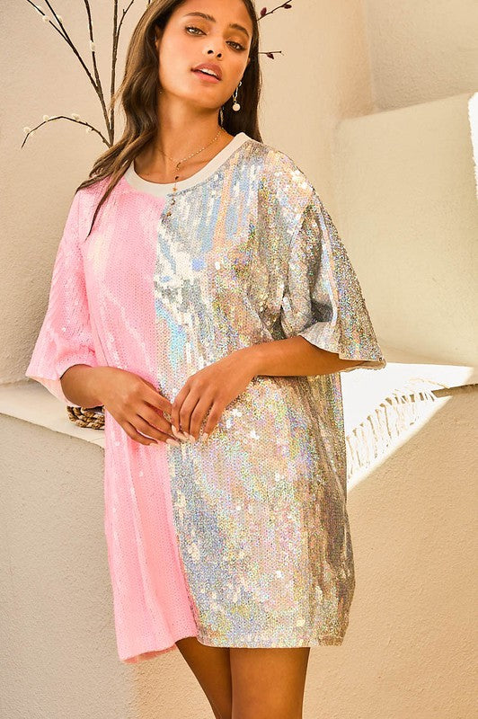 Shine Bright Sequin Colorblock Shift Dress