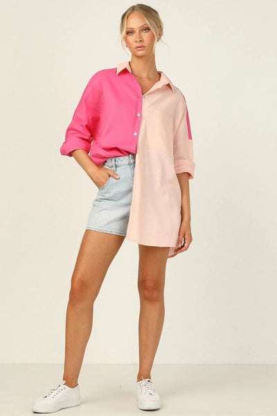 Color Block Top - Striped Button-Up - Pink and Green Button-Up - Lulus
