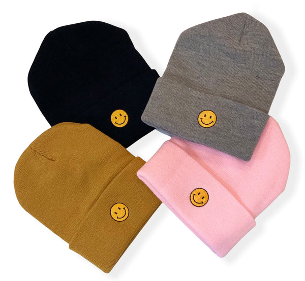 Yellow Smiley Face Embroidered Beanie (4 Colors)