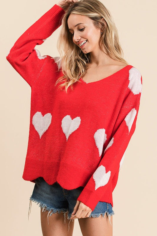 V Neck Heart Sweater