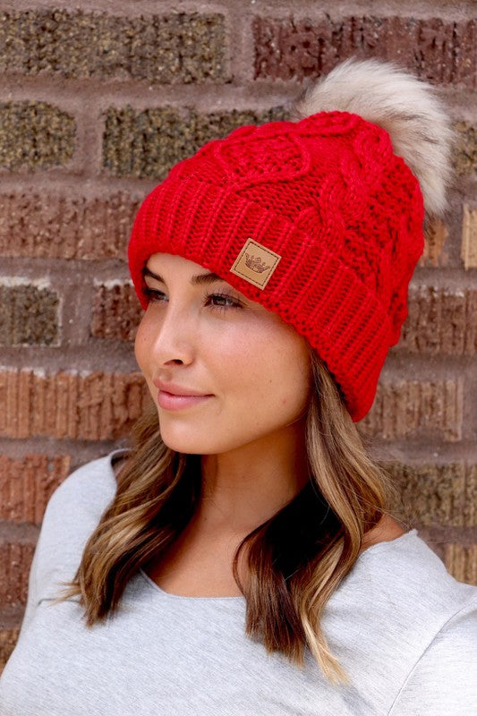 Red Cable Knit Pom Beanie