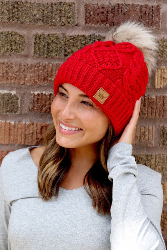 Red Cable Knit Pom Beanie