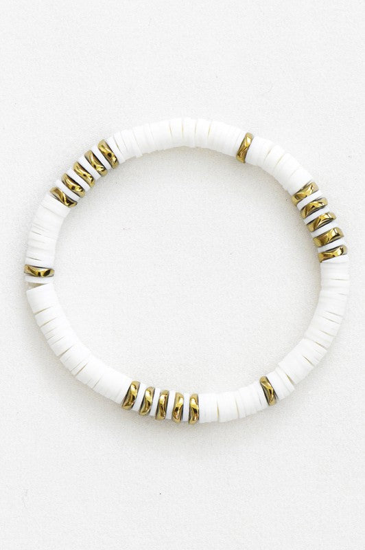 Clay Bead Bracelet Tan with White and Gold