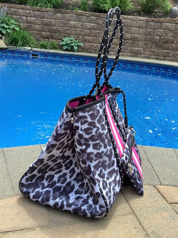 Leopard Tote - EVERYTHING bag- black white authentic silver Neoprene Tote Beach Pool Fall Tote On Trend- fall bag - teacher work school bag