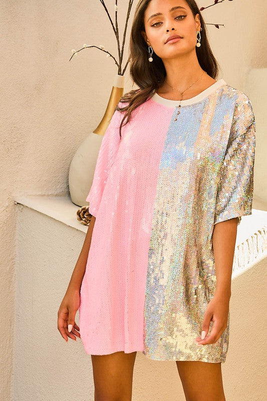 Shine Bright Sequin Colorblock Shift Dress