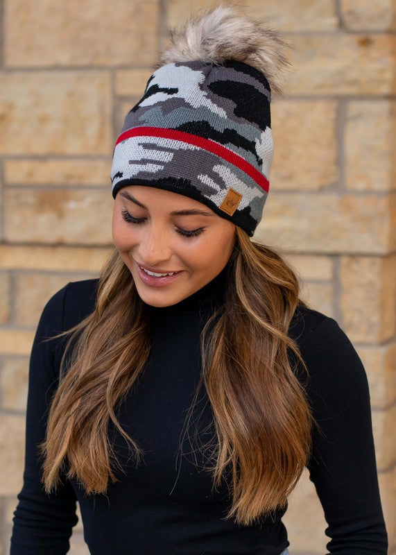 Camo Faux Fur Pom Beanie with Red Stripe (2 Colors)