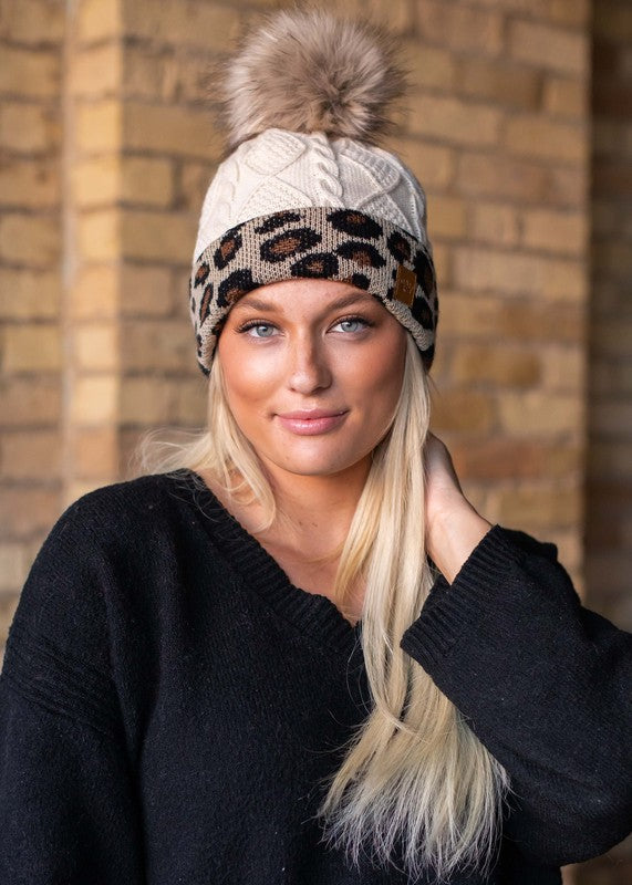 Cable Knit Leopard Cuff Pom Beanie (2 Colors)