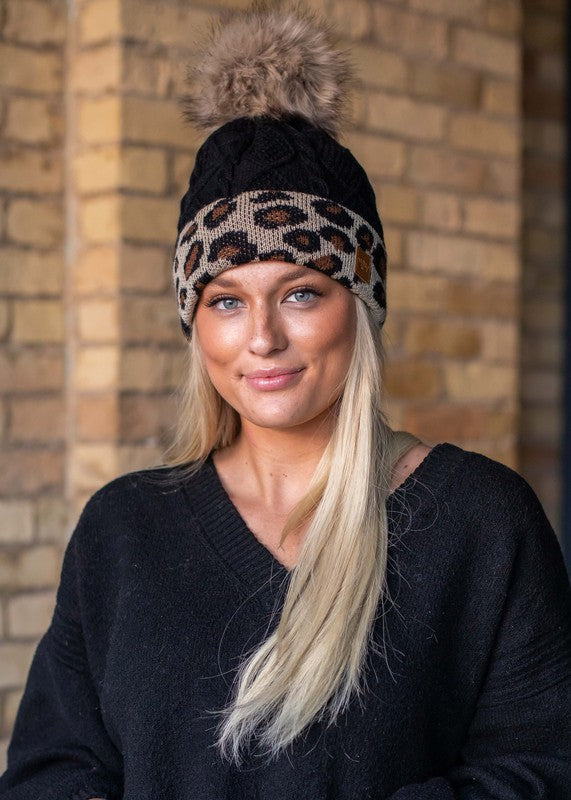 Cable Knit Leopard Cuff Pom Beanie (2 Colors)