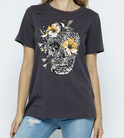 Flowers in Your Hair Distressed Skull Tee (2 Colors)