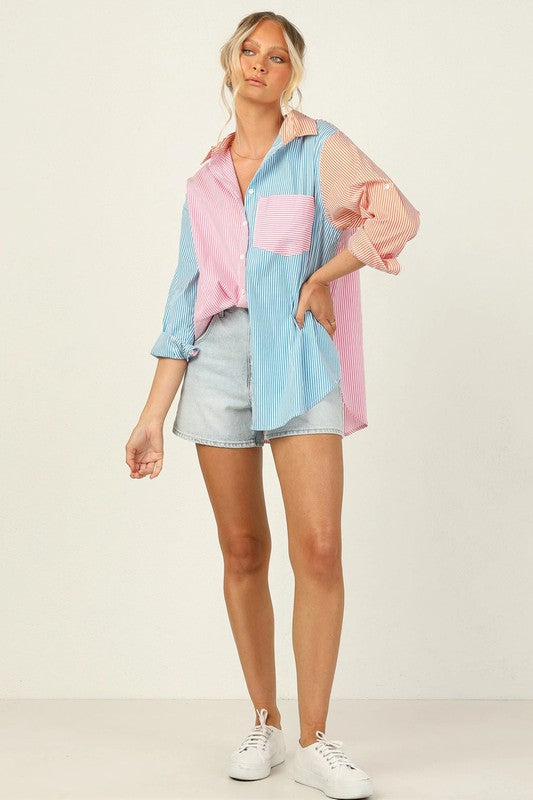 Striped Color Block Button Up