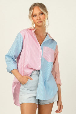 Striped Color Block Button Up
