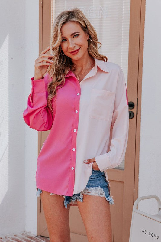 Pink Color Block Button Up
