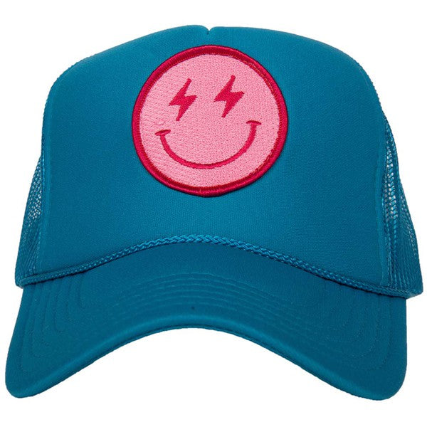 Hot Pink Lightning Smiley Face Blue Trucker Hat