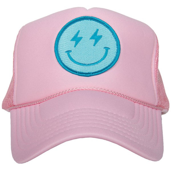 Turquoise Lightning Smiley Face Pink Trucker Hat