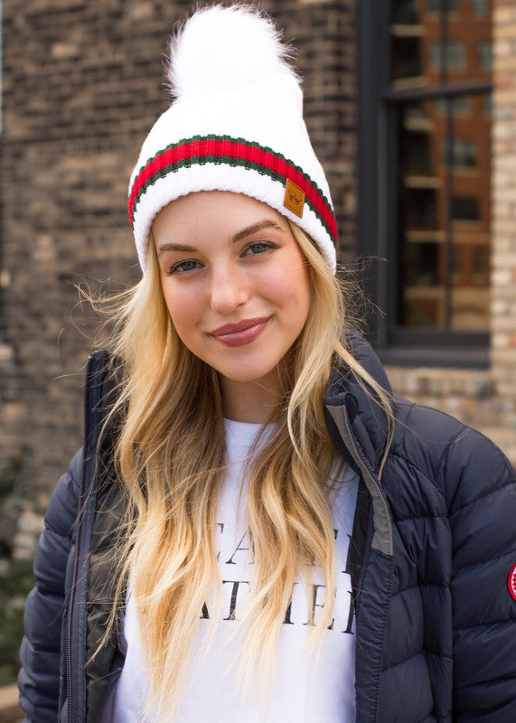 Red White and Green Striped Pom Beanie