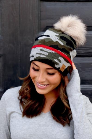 Camo Faux Fur Pom Beanie with Red Stripe (2 Colors)