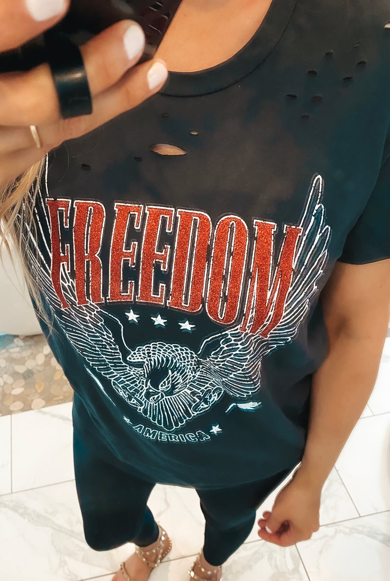 Glitter Red Freedom Distressed Tee
