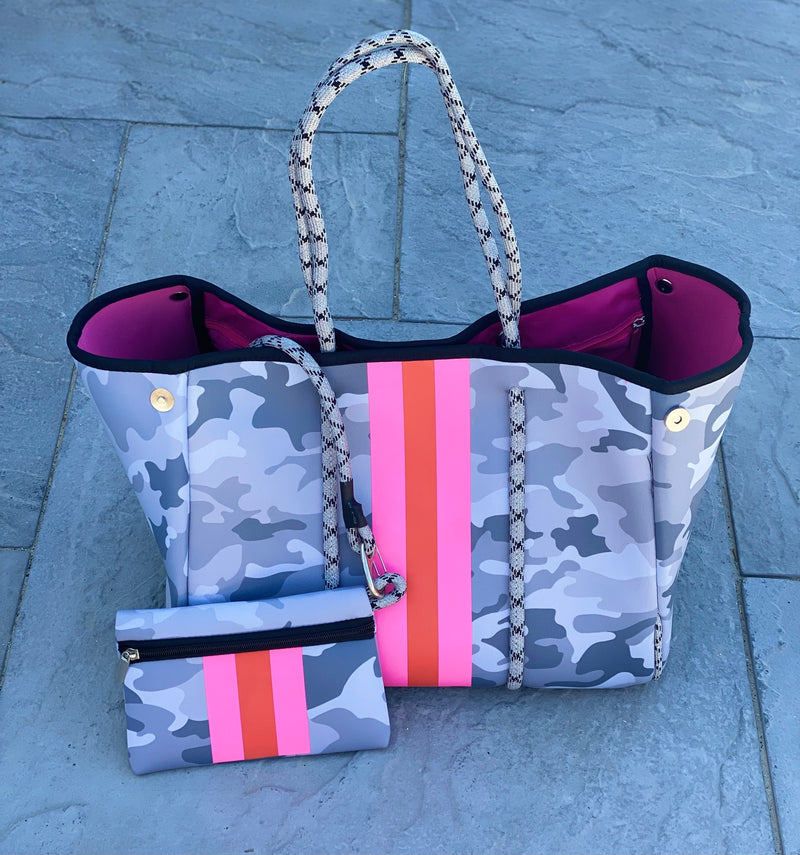 Neon Stripe Grey Camo Neoprene Tote Bag – Gunny Sack and Co