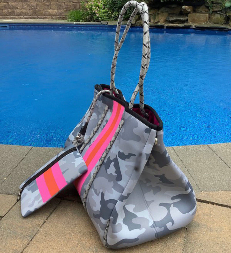 Neon Stripe Grey Camo Neoprene Tote Bag