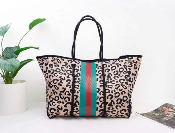 Red/Green Stripe Leopard Neoprene Bag